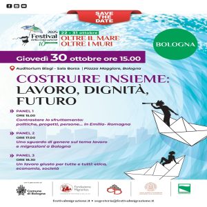 Locandina del Festival della migrazione con le tutte le informazioni sull'evento. Nel disegno sono rappresentate delle persone su una barca di carta